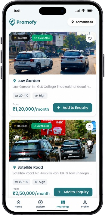 Hoarding details screen showing size, visibility and price