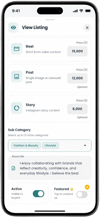 Creator profile editing screen in the Promofy app